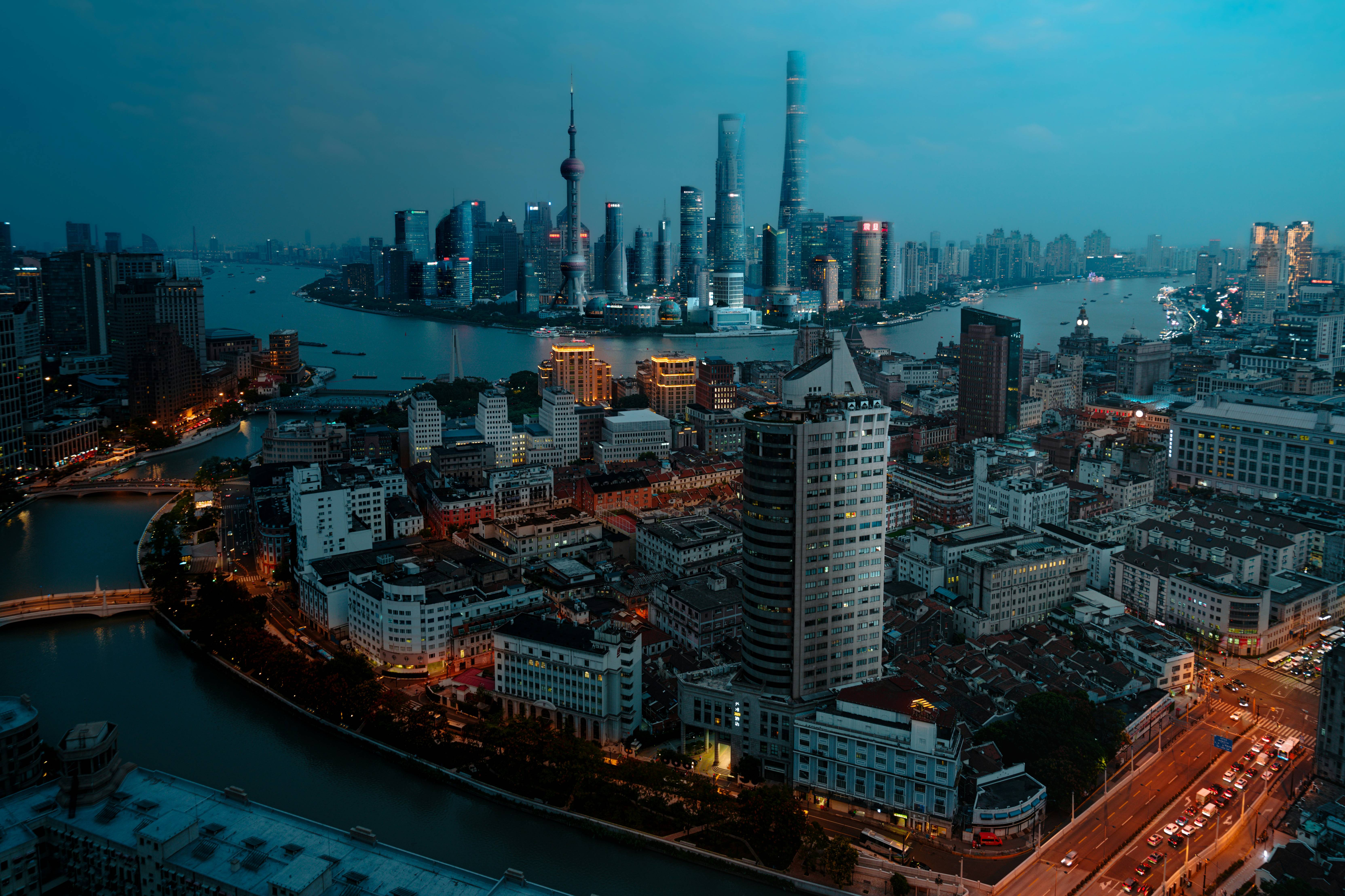 An aerial view of a city at night
